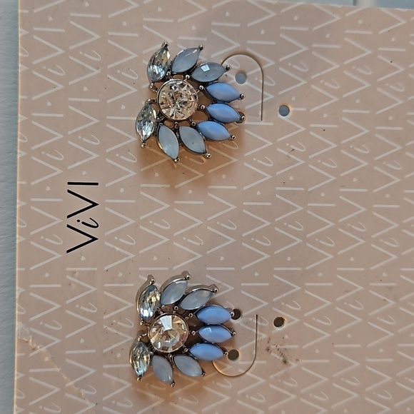 ViVI Blue & Clear Rhinestone Silvertone Flower Pierced Earrings - Picture 1 of 4
